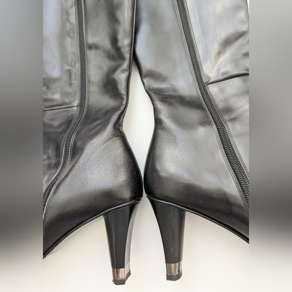 Sofia Italy Sleek Black Knee-High, Square-Toe Boots w/Silver Wrap Around 3" Heel - Picture 6 of 16